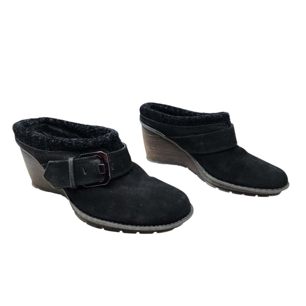 Aquatalia‎ Wedge Mules 6 Women Black Suede Shearling Lined Buckle Made in Italy